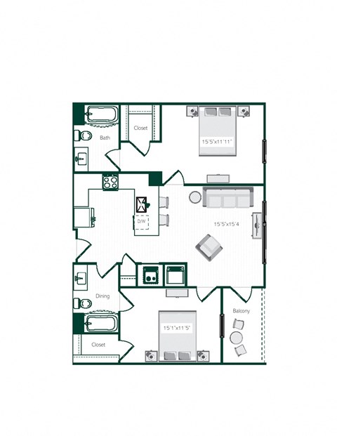 Floor plan for 2 beds, 2 baths, 1052 sqft